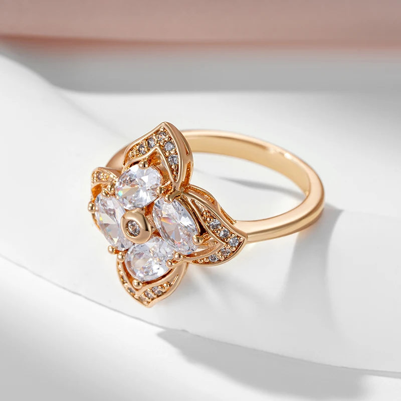 SYOUJYO Shiny Natural Zircon Flower Shape Ring For Women 585 Rose Gold Color Luxury Fine Jewelry Gift