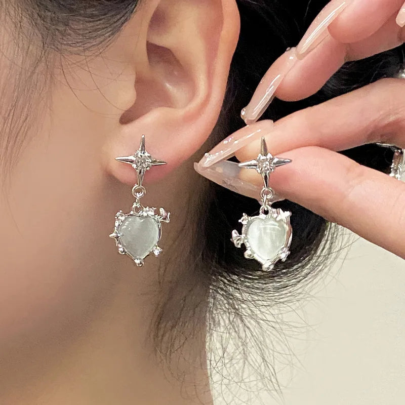 Gothic Starlight Heart Dangle Earrings for Women Romantic Colorful Zircon Irregular Star Opal Y2K Accessories Fashion Jewelry