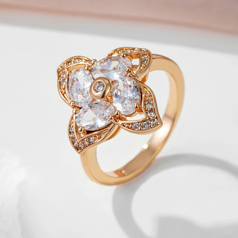 SYOUJYO Shiny Natural Zircon Flower Shape Ring For Women 585 Rose Gold Color Luxury Fine Jewelry Gift