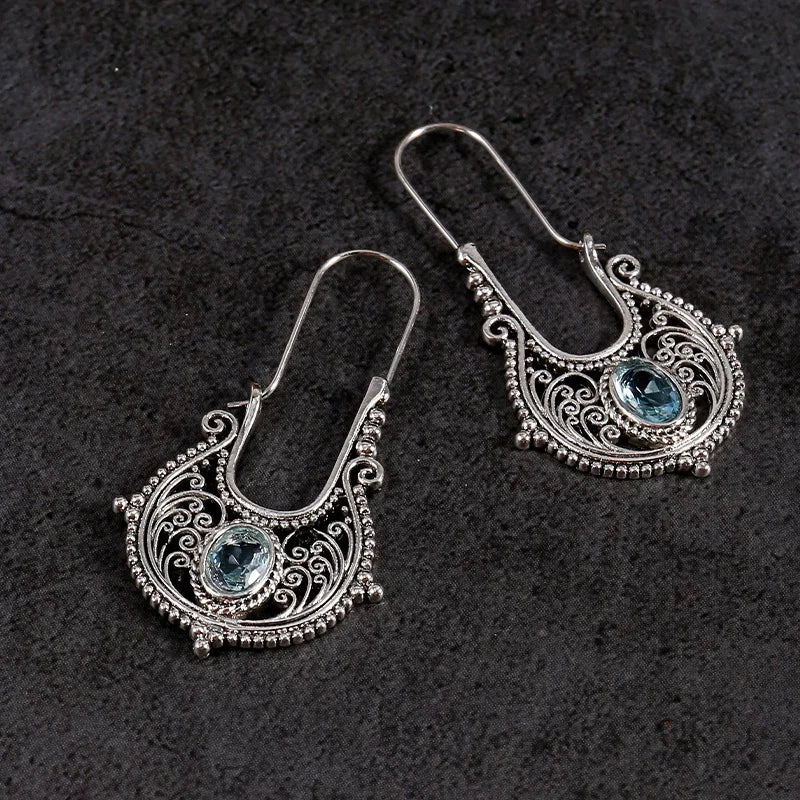 Caved Pattern With Zircon Decor Dangle Earrings Bohemian Ethnic Style Zinc Alloy Silver Plated Jewelry Tourism Souvenir