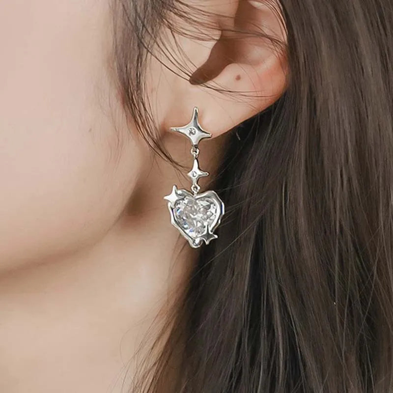 Gothic Starlight Heart Dangle Earrings for Women Romantic Colorful Zircon Irregular Star Opal Y2K Accessories Fashion Jewelry