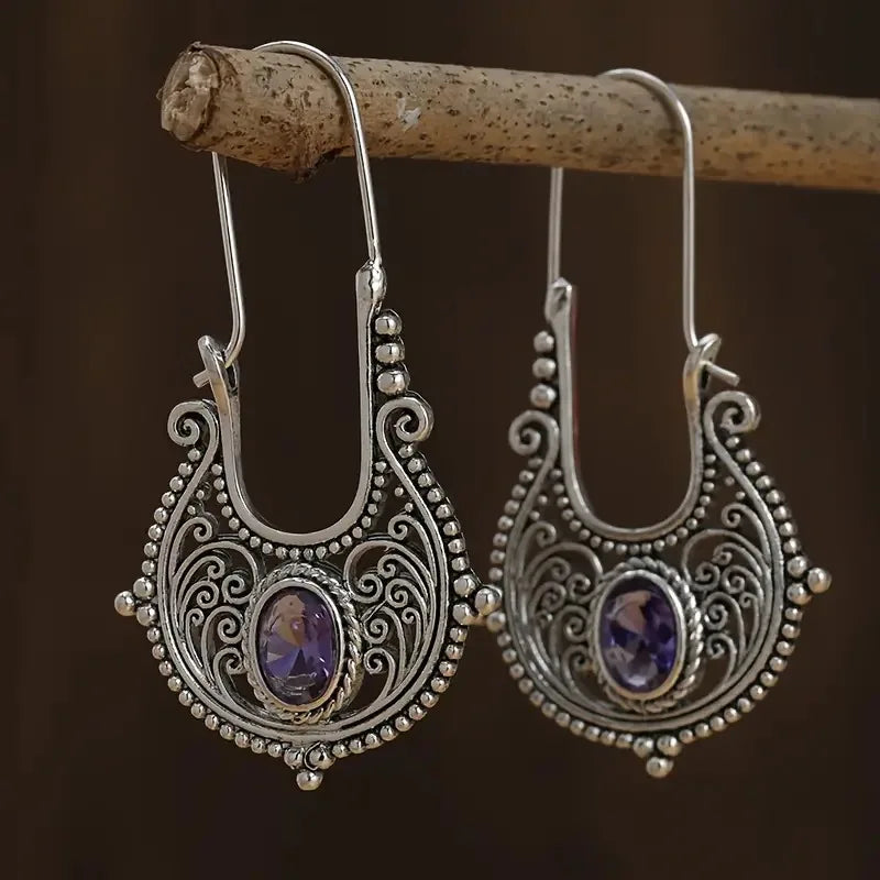 Caved Pattern With Zircon Decor Dangle Earrings Bohemian Ethnic Style Zinc Alloy Silver Plated Jewelry Tourism Souvenir