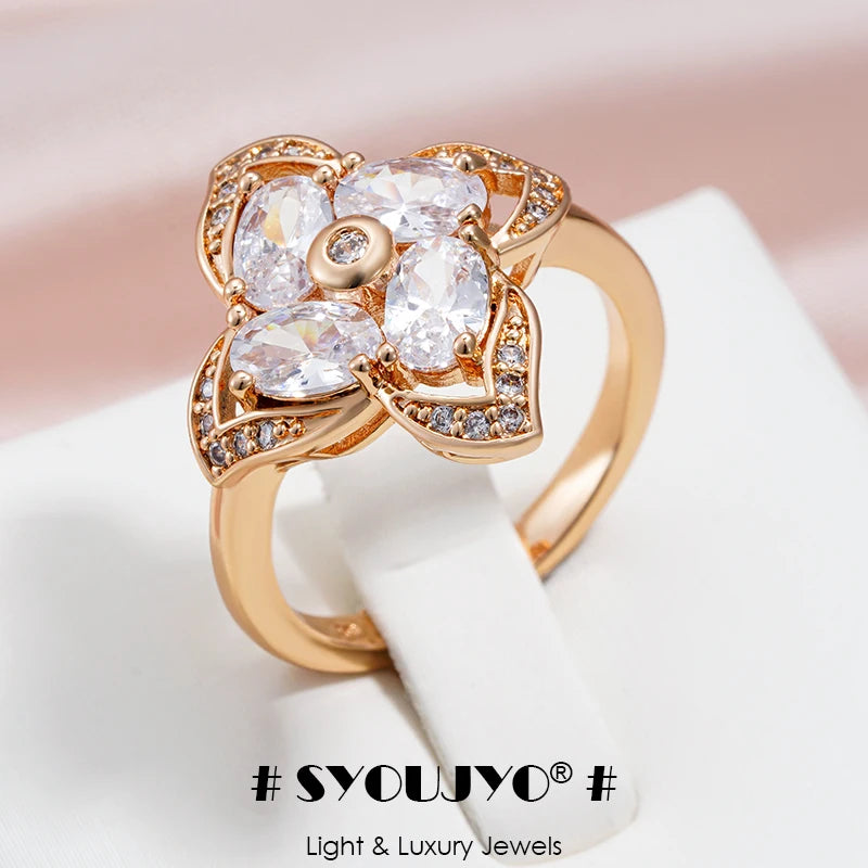 SYOUJYO Shiny Natural Zircon Flower Shape Ring For Women 585 Rose Gold Color Luxury Fine Jewelry Gift