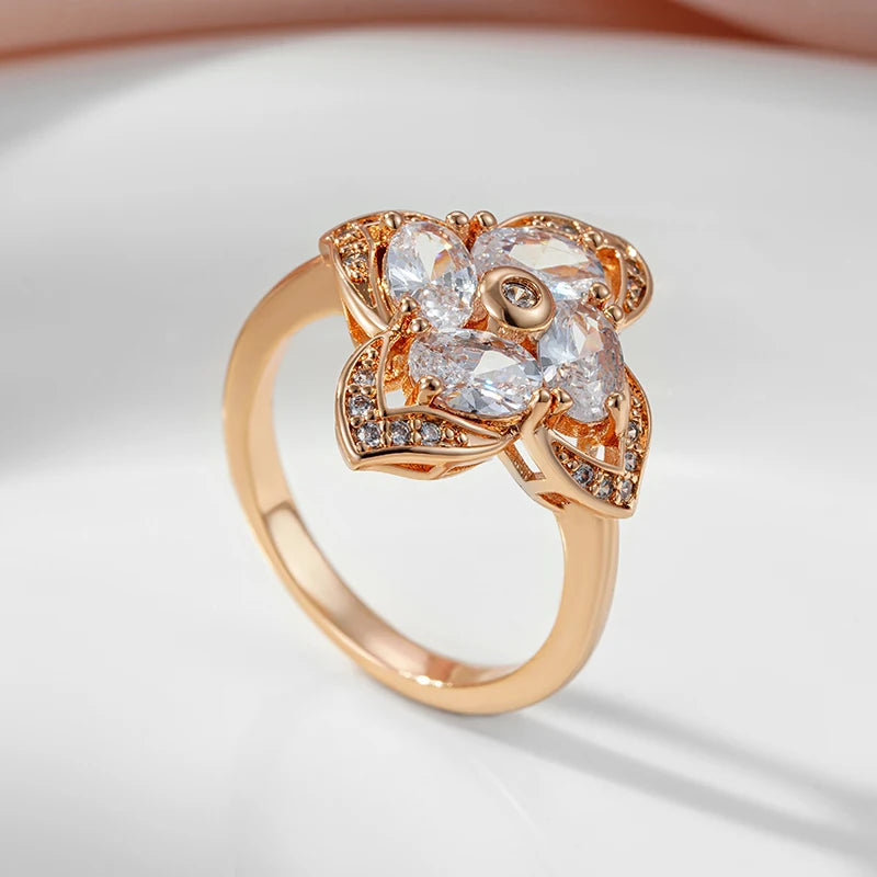 SYOUJYO Shiny Natural Zircon Flower Shape Ring For Women 585 Rose Gold Color Luxury Fine Jewelry Gift