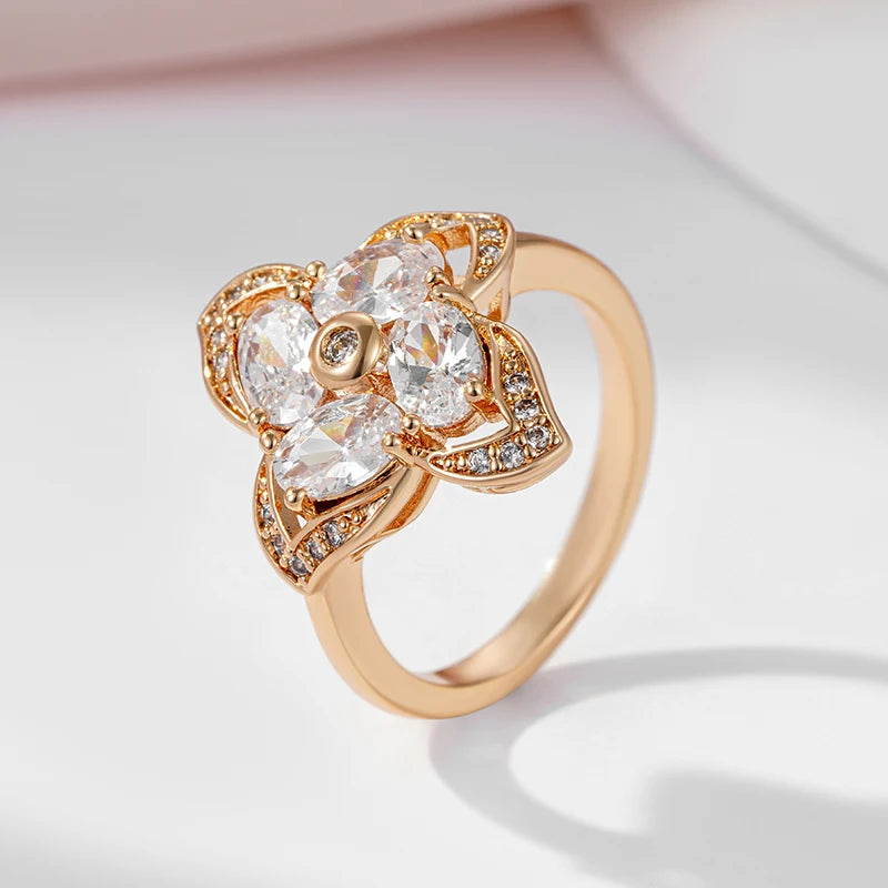 SYOUJYO Shiny Natural Zircon Flower Shape Ring For Women 585 Rose Gold Color Luxury Fine Jewelry Gift